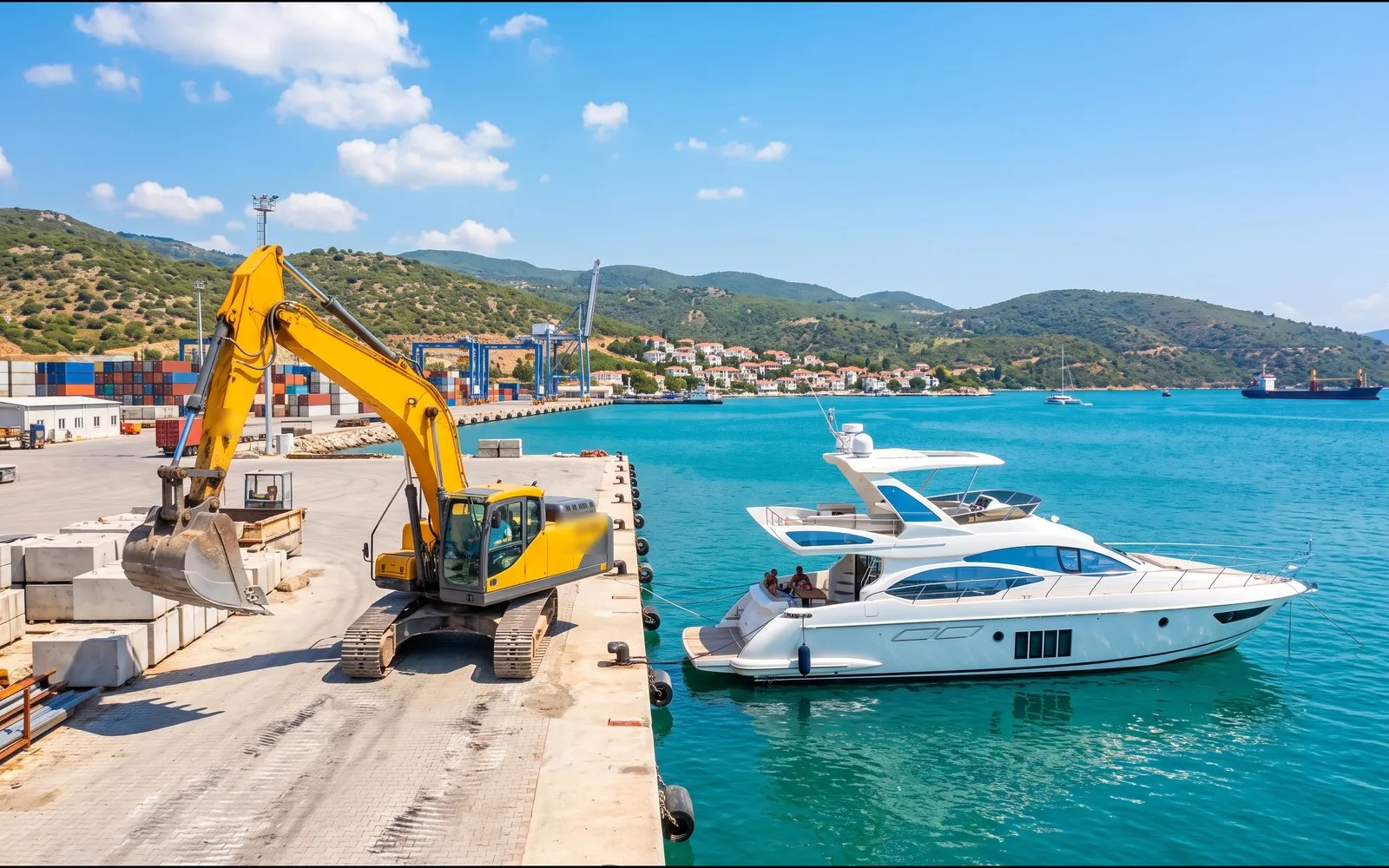 Liman rıhtımında ekskavatör ve yanaşmış motor yat